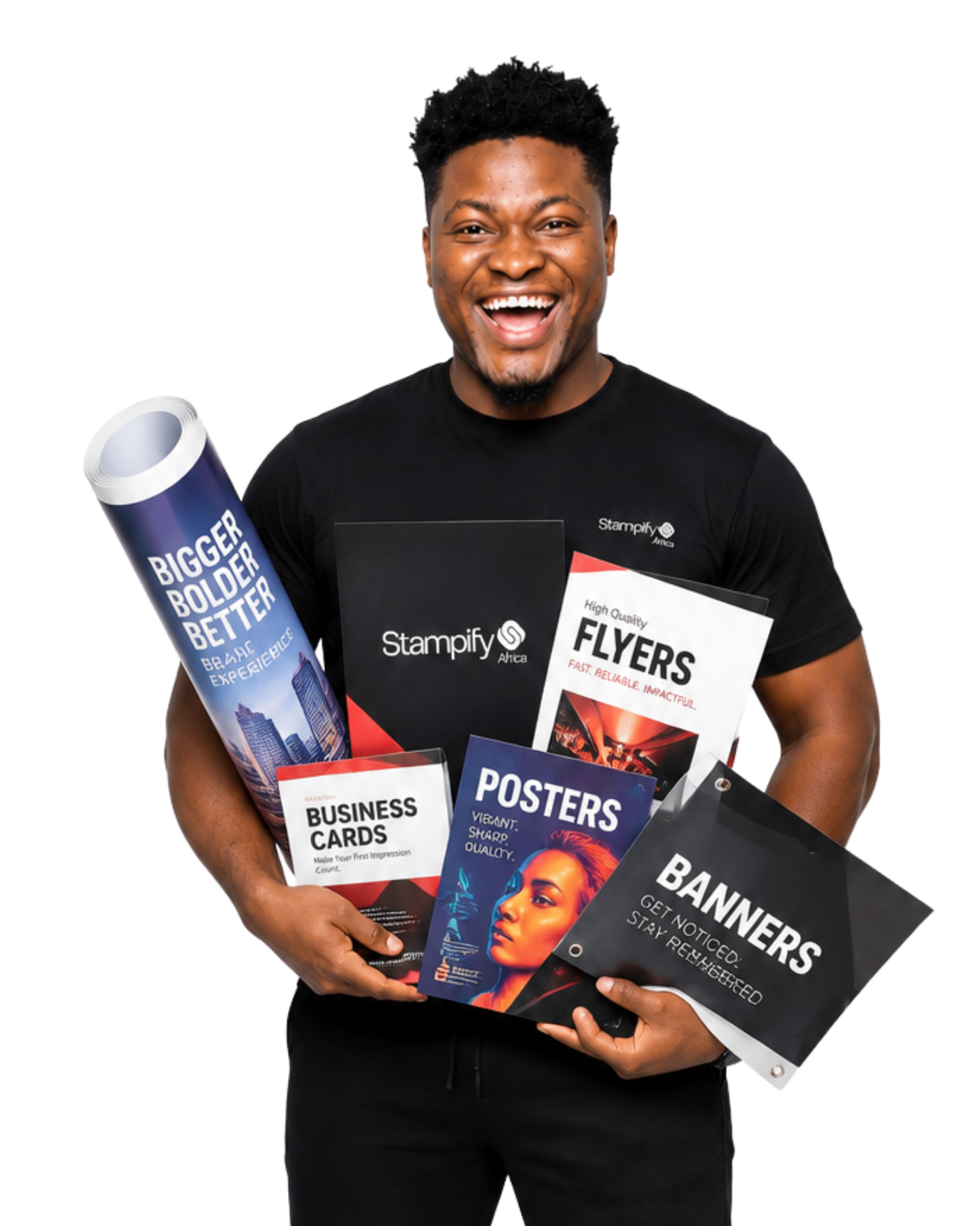 Stampify Africa customer holding printed flyers, posters, banners and business cards